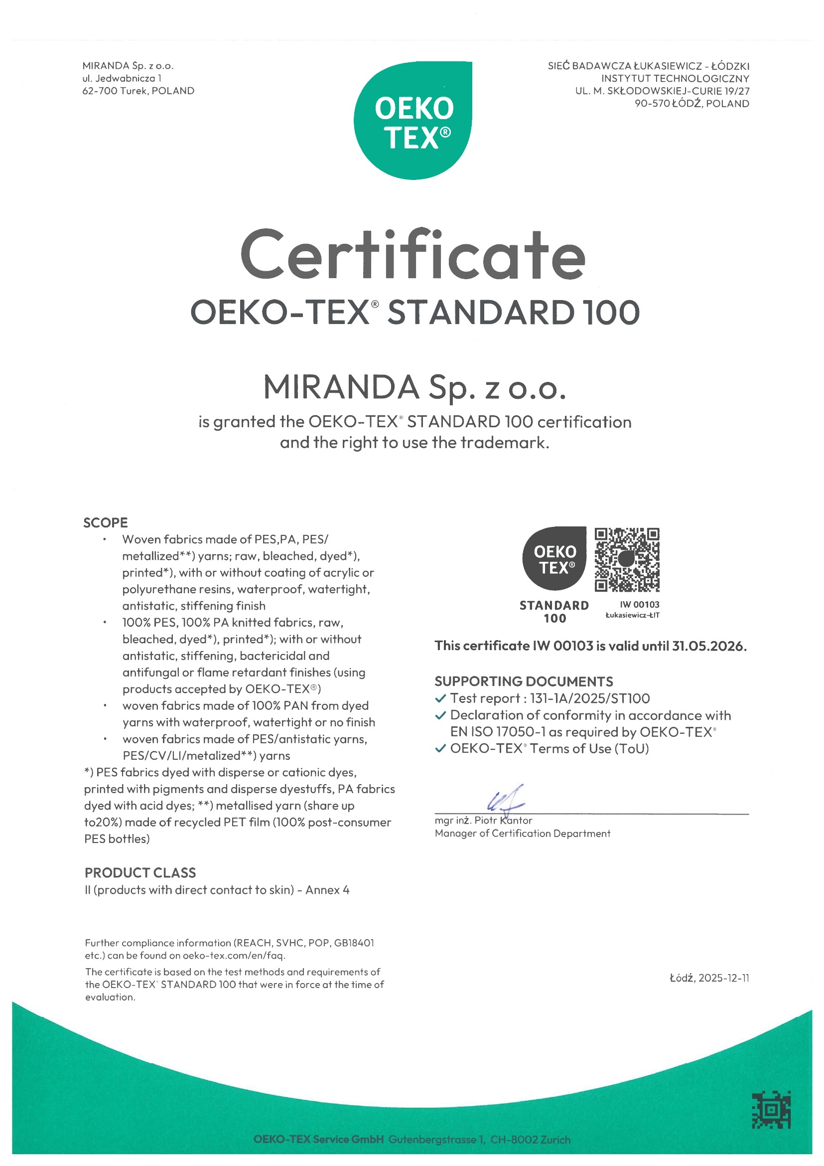 OEKO-TEX STANDARD 100 Zertifikat
