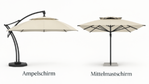 Mehr über den Artikel erfahren Ampelschirm oder Mittelmastschirm? Welcher Sonnenschirm passt zu Ihrer Terrasse?